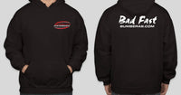 Black pullover hoodie with Bad Fast script lettering across the chest