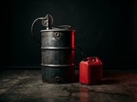 5-gallon race fuel jug sold at the Bumbera's counter — available jug-only, with hose, or with hose and valve